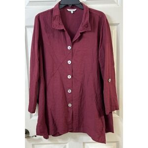 John Mark Women's Wine Burgundy Roll Tab Sleeve Wired Collar Button Up Large EUC